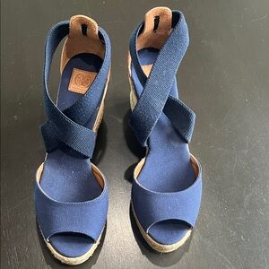 Tory Burch Navy Crisscross Espadrille Wedges